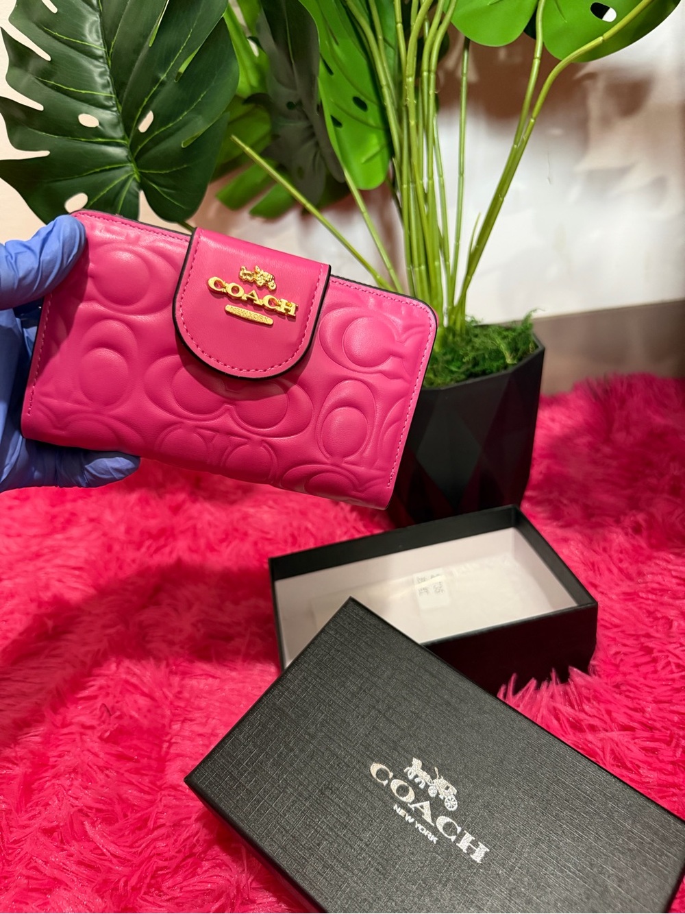 Coach Pink Embossed Signature Compact Wallet